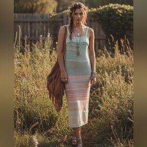 Revolve 525 America Rainbow Sweater Midi Dress NWT Pastel Knit Bodycon runs big.